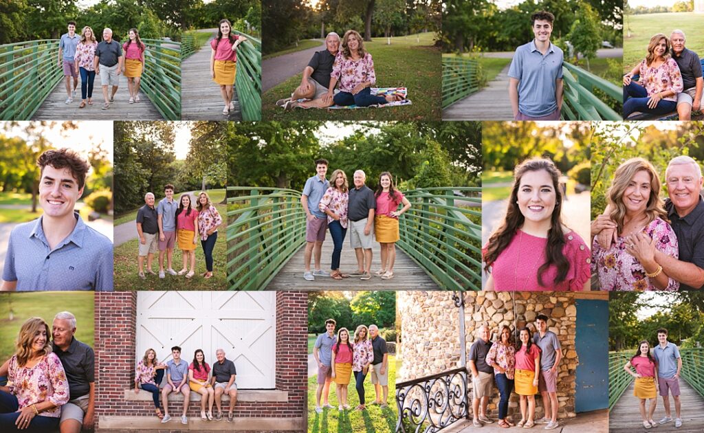 A family of four crosses Garfield Park's green footbridge during this family photoshoot, the mother in a pink floral blouse and mustard skirt walking between her husband in a navy polo and her son in a heather blue button-down. The collage includes grandparents seated together on a patchwork quilt near a stone wall, a son's close-up portrait beneath the golden evening light, and the full family posed against a white barn door and a stacked stone archway with a blue wooden gate. A daughter's engagement ring catches the light in a close embrace with her mother, and the session closes with the family lined up on the bridge's weathered wooden planks at sunset. Amanda Duncan Photography photographed this extended family portrait session at Garfield Park in Indianapolis, one of the city's oldest parks and a favorite Indianapolis-area location for golden hour family photography with its footbridge, stonework, and mature tree cover.