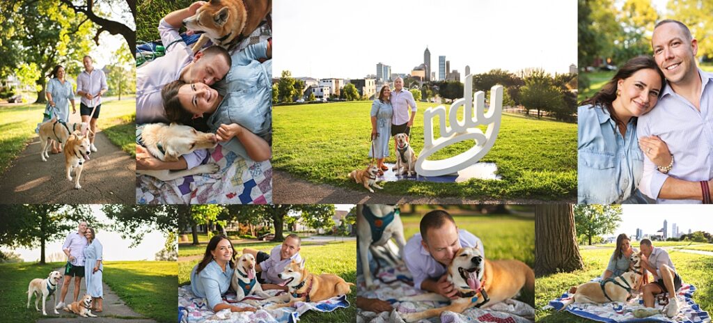 A couple walks their two dogs across the open lawn at Highland Park to open this session, the Indianapolis skyline rising behind them beside the park's iconic white "ndy" sculpture. The collage includes a candid moment of the dogs licking the couple's faces on a picnic quilt, a close embrace with the skyline soft in the background, and a playful portrait of the pair crouched down loving on their golden retriever and mixed breed dog. Amanda Duncan Photography photographed this couple and pet portrait session at Highland Park in Indianapolis, a favorite urban Indianapolis-area park known for its skyline views.