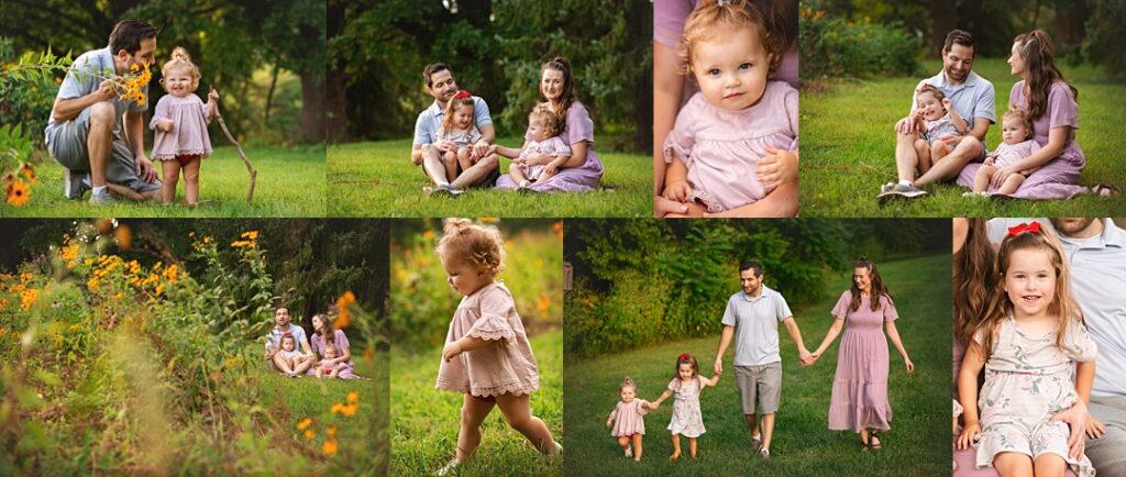 A father crouches beside his toddler daughter in a field of black-eyed Susans to open this Holliday Park family session, both dressed in soft blush and cream tones that echo the wildflowers around them. The collage moves through a seated family portrait in the tall grass, a close-up of the younger daughter's wispy curls, and the family walking hand in hand down a grassy path as the girls lead the way. Amanda Duncan Photography photographed this family portrait session at Holliday Park in Indianapolis, a nature-forward Indianapolis-area park known for its wildflower fields in addition to its historic ruins.