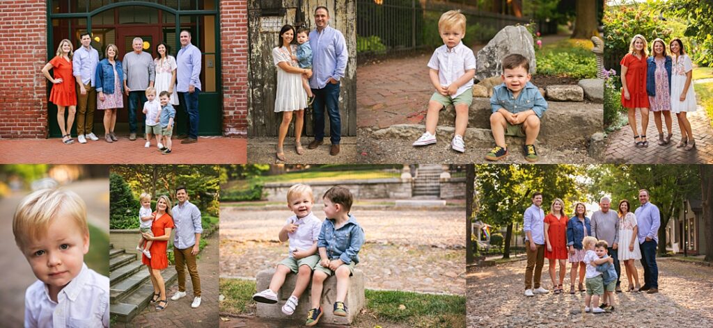 An extended family lines up in front of a brick storefront with green shutters to open this Lockerbie Square session, coordinating in red, denim, and white against the neighborhood's historic architecture. The collage includes a grandmother and grandfather posed beside a weathered wooden door, two young cousins seated together on a stone ledge, and the full family strolling down Lockerbie's cobblestone path lined with brick homes. Amanda Duncan Photography photographed this extended family portrait session in Lockerbie Square, one of downtown Indianapolis's most charming historic neighborhoods for family photography.