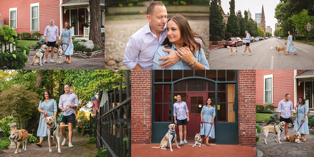 A couple walks their yellow Labrador and mixed breed dog down Lockerbie Square's cobblestone street to open this session, the Indianapolis skyline visible past the neighborhood's historic red house and steeples in the distance. The collage includes a close embrace in front of a weathered wooden doorway, both dogs sitting patiently beside the couple on a red brick stoop, and a candid moment crossing the street together as the dogs pull eagerly ahead. Amanda Duncan Photography photographed this couple and pet portrait session in Lockerbie Square, a historic downtown Indianapolis neighborhood known for its cobblestone streets and red brick charm.