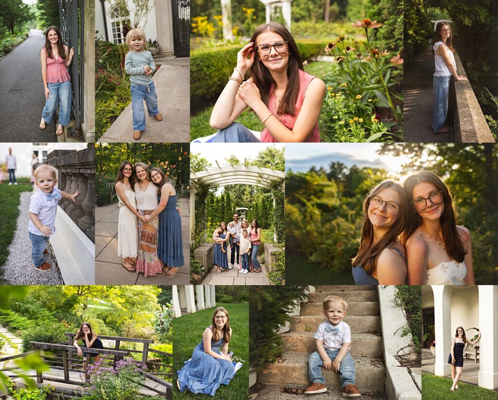A family gathers beneath a white garden pergola at Newfields to open this session, the youngest son in a light blue bow tie standing proudly on a stone path beside blooming coneflowers. The collage moves through a mother and two daughters embracing near an iron garden gate, a senior-aged daughter in tortoise glasses posed among the flower beds, and sisters leaning cheek to cheek in the golden evening light. Amanda Duncan Photography photographed this family portrait session at Newfields in Indianapolis, a botanical Indianapolis-area location known for its manicured gardens and architectural details.