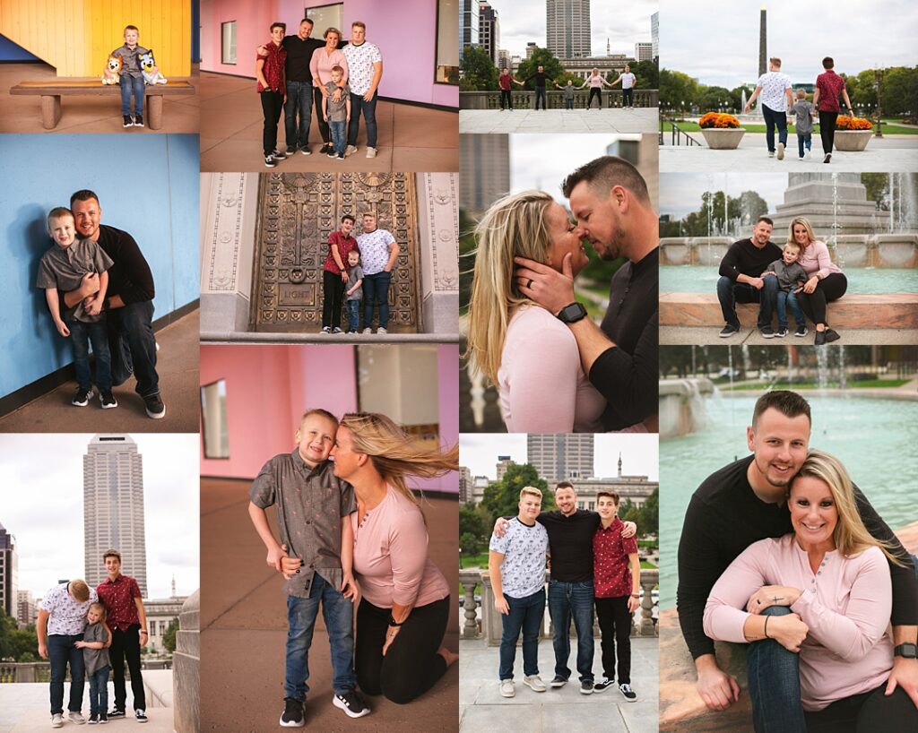 Three brothers pose against a color-blocked yellow, pink, and blue wall to open this War Memorial Plaza family session, one seated on a bench between his parents in coordinating red and white patterned shirts. The collage carries the family to an ornate bronze door reading "LIGHT," candid embraces between mother and son with the Indianapolis skyline behind them, and a walk toward the plaza's obelisk and fountain at the close of the session. Amanda Duncan Photography photographed this family portrait session near War Memorial Plaza in downtown Indianapolis, an urban Indianapolis location known for its architectural detail and city backdrop.