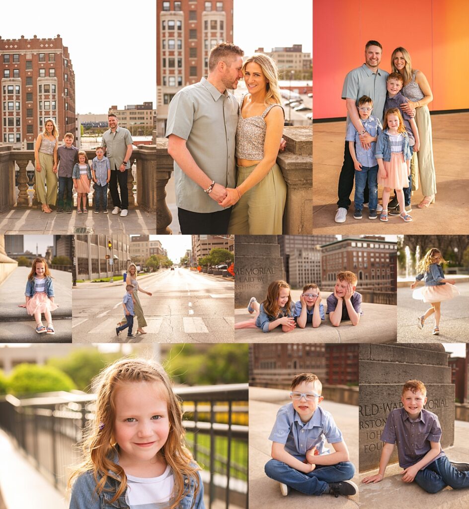 A family of five in coordinating sage green and gold tones poses on a stone balcony overlooking downtown Indianapolis to open this War Memorial Plaza session, the historic building's architecture framing the city skyline behind them. The collage moves to a bold orange wall backdrop for a bright family portrait, candid moments of the children lying together on the plaza pavement in front of the War Memorial's carved stone lettering, and a daughter twirling her pink tutu skirt near the plaza fountain. Amanda Duncan Photography photographed this family portrait session at War Memorial Plaza in downtown Indianapolis, a favorite urban location for family and branding photography thanks to its architecture and skyline views.