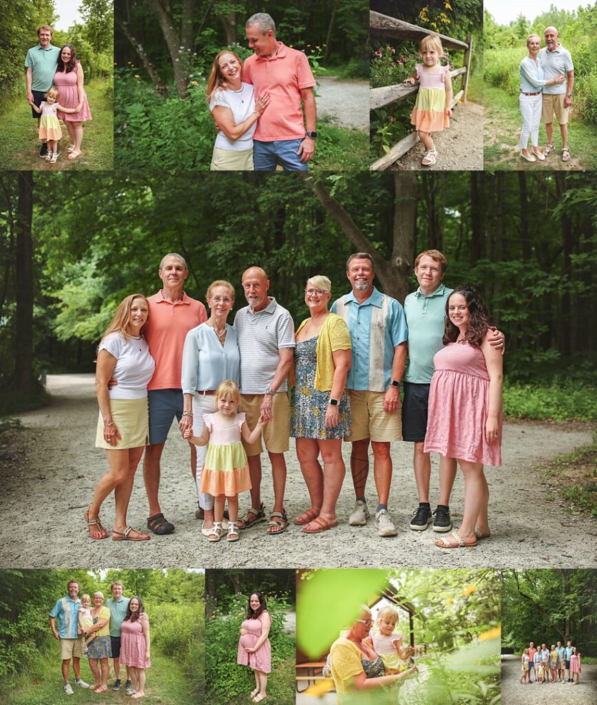 An extended family gathers along a wooded path at Ritchey Woods Nature Preserve during this multi-generational photoshoot, grandparents, parents, and grandchildren coordinating in soft pastel polos and dresses. The collage includes an expecting daughter in a pink dress cradling her belly, a toddler in a color-block dress holding her grandmother's hand near a wooden fence, and the full family spread across the gravel trail beneath the tree canopy. Amanda Duncan Photography photographed this extended family portrait session at Ritchey Woods Nature Preserve in Fishers, Indiana, a wooded Indianapolis-area location well suited for large multi-generational family photography.