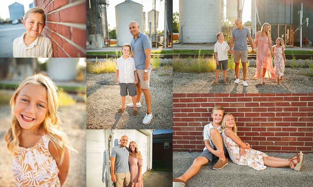 A boy in a cream striped button-down leans against a brick wall to open this downtown Bargersville family session, freckles catching the evening light beside his father near the town's grain silos and railroad tracks. The collage includes a daughter in a tropical print dress laughing with sun-kissed hair, the full family walking hand in hand past a peach sunset sky, and the siblings leaning back to back against a red brick wall. Amanda Duncan Photography photographed this family portrait session in downtown Bargersville, Indiana, a small-town Indianapolis-area spot known for its industrial grain silo backdrop and golden hour light.