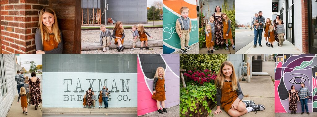 A young girl in rust corduroy overalls leans against a weathered brick doorway to open this downtown Bargersville family session, her siblings later perched together on a wooden beam in front of the town's grain silos. The collage carries the family past a hand-painted "Taxman Brewing Co." mural, down a small-town sidewalk holding hands, and in front of a colorful abstract mural where the daughter poses solo against a bright pink wall. Amanda Duncan Photography photographed this family portrait session in downtown Bargersville, Indiana, a small-town Indianapolis-area location known for its murals, grain silos, and brick storefronts.