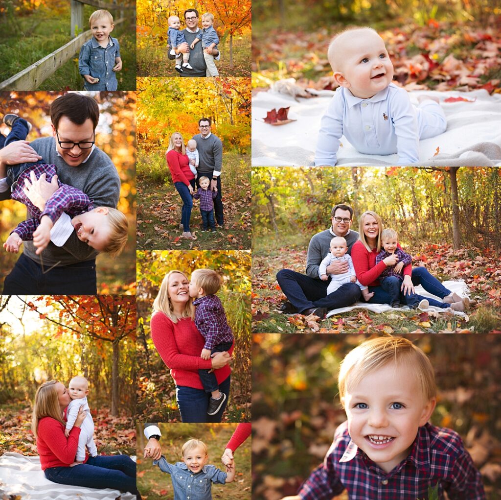 A father in glasses lifts his laughing toddler overhead beneath a canopy of golden fall leaves to open this Cool Creek Nature Park family session, while his infant son in a light blue polo explores a cream picnic blanket scattered with autumn leaves. The collage moves through candid kisses between mother and baby, a family portrait framed by amber tree cover, and a bright close-up of the toddler's gap-toothed smile in his plaid button-down. Amanda Duncan Photography photographed this fall family portrait session at Cool Creek Nature Park in Carmel, Indiana, a wooded Indianapolis-area location known for its rich autumn color.