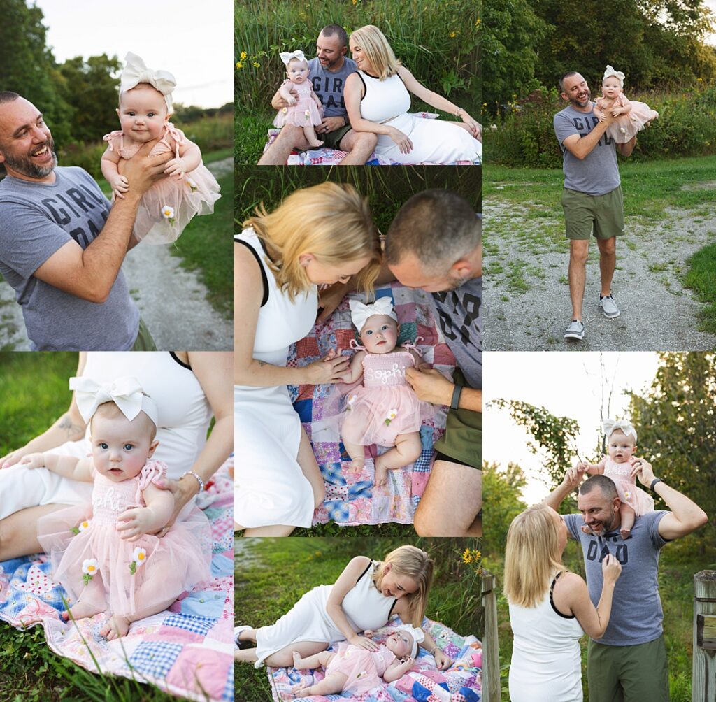 A father in a gray "Girl Dad" tee lifts his baby daughter overhead during this family photoshoot at Cool Creek Nature Park, her cream tulle dress and oversized bow catching the golden evening light. The collage includes the family seated together on a patchwork quilt in a wildflower meadow, a close moment of mom and dad leaning in to admire their daughter's smile, and dad walking her down a gravel path at sunset. Amanda Duncan Photography photographed this family portrait session at Cool Creek Nature Park in Carmel, Indiana, a favorite Indianapolis-area location for golden hour family and milestone photos.
