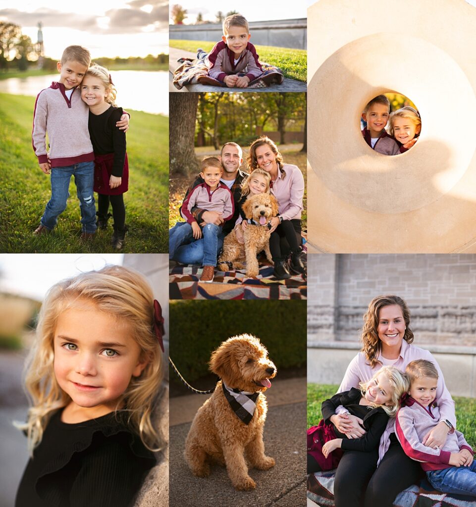 A family of four and their goldendoodle stand together on the lawn at Coxhall Gardens, the daughter in a maroon and cream color-block sweater peeking through the park's iconic round stone tunnel wall with her brother. The collage includes a candid piggyback moment by the reflecting pond with the downtown Indianapolis skyline soft in the distance, a close-up of a blonde toddler's windblown curls, and the family's dog in a buffalo check bandana sitting for its own portrait. Amanda Duncan Photography photographed this fall family portrait session at Coxhall Gardens in Carmel, Indiana, a manicured Indianapolis-area garden known for its architectural stone features and skyline views.