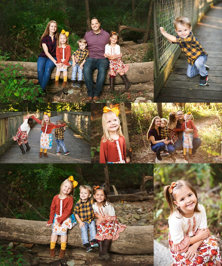 Three young siblings in coordinating rust, plaid, and floral fall outfits sit together on a fallen log at Flat Fork Creek Park, the middle brother in buffalo check kneeling on a wooden footbridge in the next frame. The collage shows the family gathered together on the same log, a candid moment of the older sisters swinging their little brother between them on the bridge, and a close-up portrait of the youngest daughter in a pumpkin-print skirt with an orange bow. Amanda Duncan Photography captured this fall family portrait session at Flat Fork Creek Park near Fishers, Indiana, a wooded Indianapolis-area park known for its footbridge and creek views.