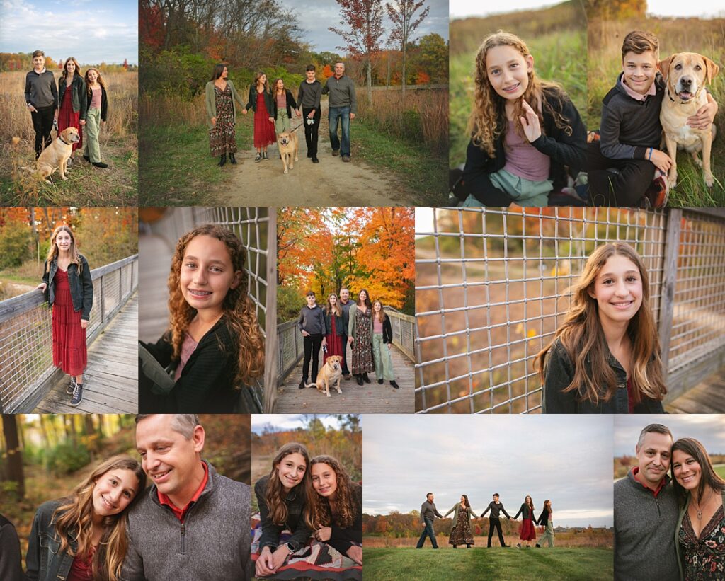 Five siblings and their golden Labrador make their way down a fall-lit path in this Flat Fork Creek Park family session, autumn color glowing gold and red overhead. Throughout the collage you can see the group holding hands along the gravel trail, individual portraits on a wooden bridge including a curly-haired daughter in a red midi dress with her hair loose and natural, and a close embrace between father and daughter on the grass. Their golden retriever joins nearly every shot, tail wagging beside the family on the bridge railing. Amanda Duncan Photography captured this fall family portrait session at Flat Fork Creek Park in Fishers, Indiana, a favorite Indianapolis-area location for outdoor family photography with pets.