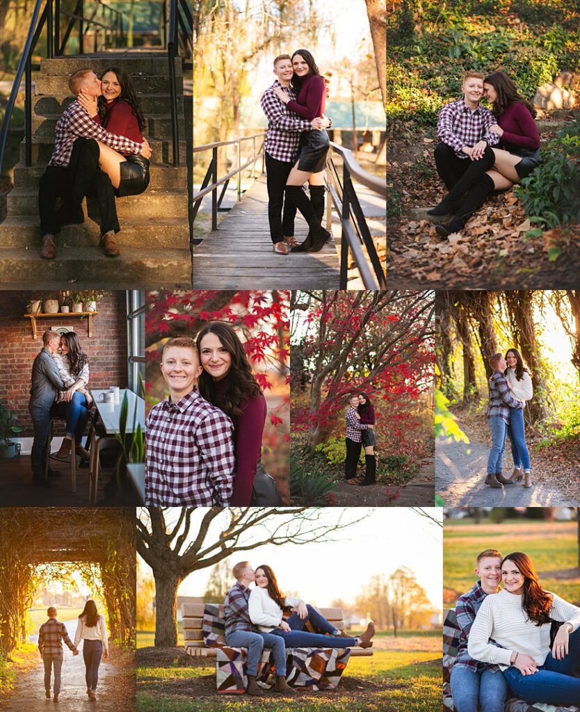 A couple shares a quiet moment on stone steps in downtown Franklin, Indiana, the woman in a burgundy top and black leather skirt, the man in a plaid button-down. The collage moves from a wooden footbridge embrace to a cozy coffee shop portrait against exposed brick, then out to a garden path lined with red Japanese maple leaves and a tunnel of golden vines at golden hour. Amanda Duncan Photography photographed this couple's session in downtown Franklin, a charming small-town location south of Indianapolis known for its brick storefronts and natural light.
