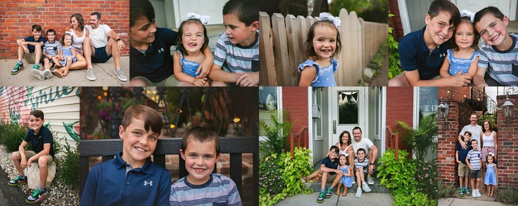 A family of five gathers against a red brick wall in downtown Zionsville, the youngest daughter in a blue gingham dress with a white bow in her hair, laughing between her brothers. The collage carries the family from a front porch decorated with string lights and pennant bunting, to a wooden picket fence backdrop, to a mural-lined alley where the boys pose side by side in matching striped polos. Amanda Duncan Photography photographed this family portrait session in downtown Zionsville, one of the small-town Indianapolis suburbs known for its charming brick storefronts and family-friendly photo backdrops.