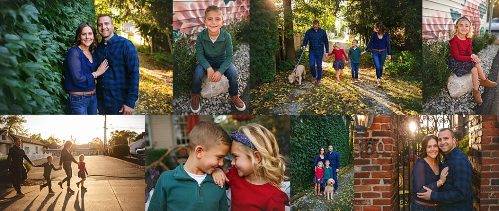 Ivy climbs a brick wall behind a couple in coordinating navy outfits to open this Zionsville family session, their two children following close behind on a gravel alley walk with their golden doodle dog. Later images show a daughter in a red dress perched on a rock pile near a colorful mural, a brother and sister leaning forehead to forehead, and the whole family framed inside a wrought iron garden gate at golden hour. Amanda Duncan Photography photographed this family portrait session in downtown Zionsville, Indiana, capturing the small-town charm and evening light this Indianapolis-area suburb is known for.